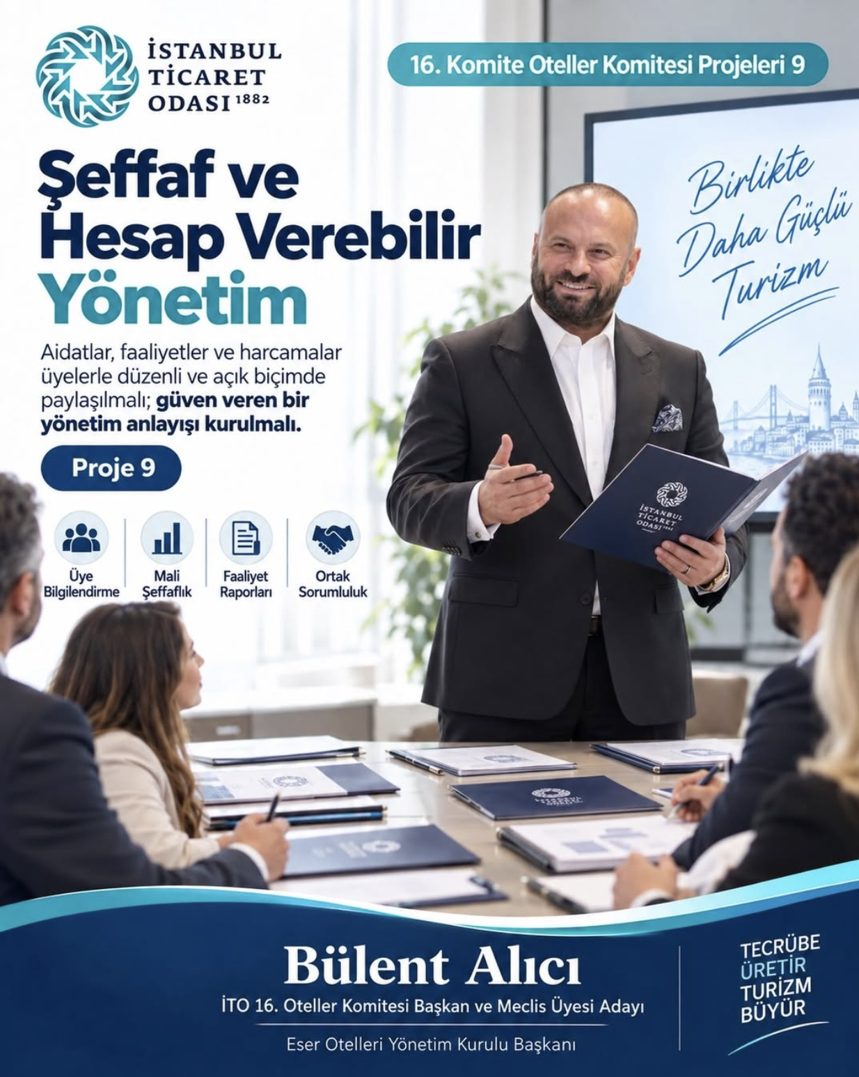 Şeffaf ve hesap verebilir yönetim başlıklı paylaşım afişi.